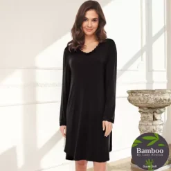 Bamboo Natkjole Med Lange Ærmer, Black