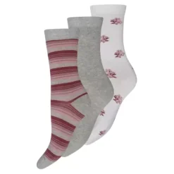 3-Pack Ankelstrømpe Bomuld, Grå/Pink/Hvid